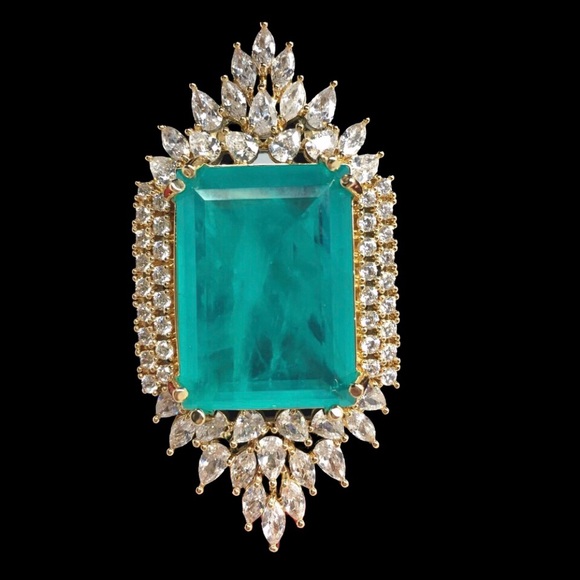 Luxury Oversized Simulated Colombian Emerald Ring Sz 7 - Picture 4 of 16
